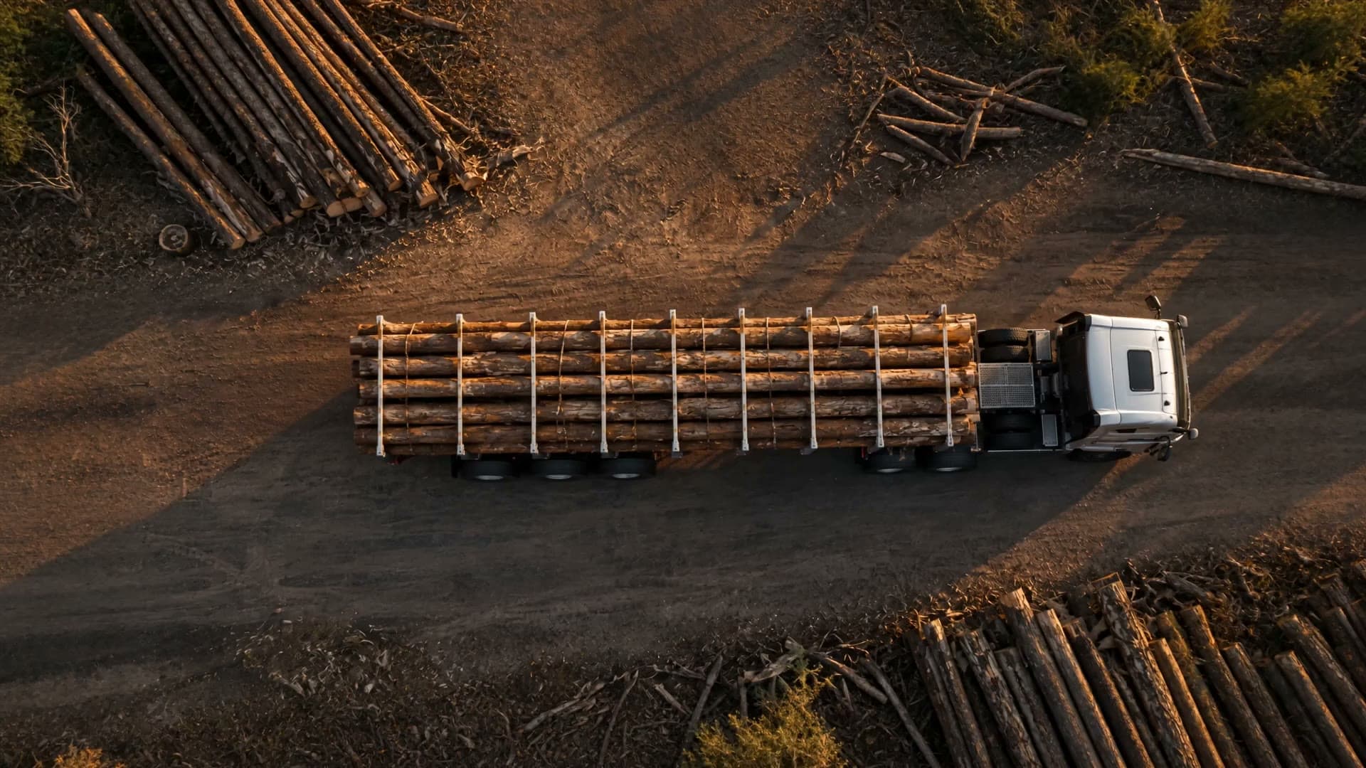 A loaded logging truck under aerial scan, dissolving into a technical blueprint