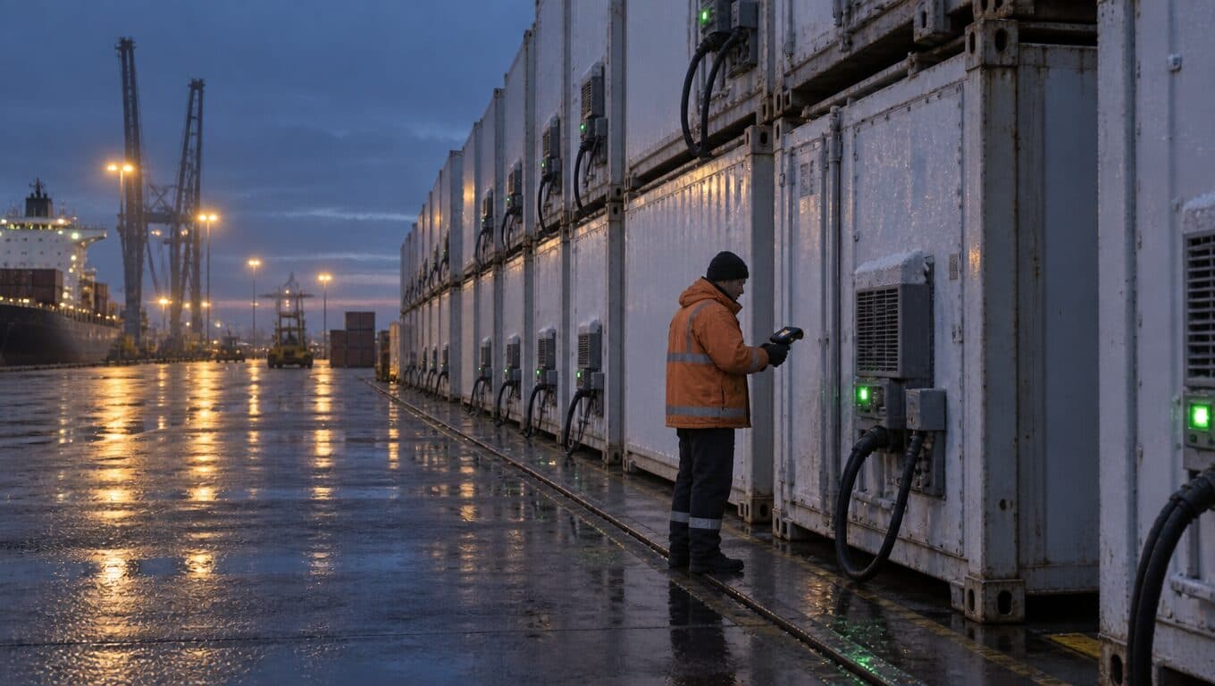Una fila de contenedores refrigerados en un muelle mojado al anochecer, con las luces de estado en verde, mientras un operario de campera naranja lee uno con un equipo de mano. Atrás se ven grúas y un buque.