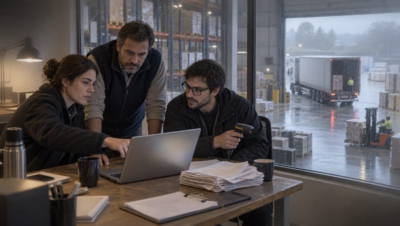 Tres personas en un escritorio junto a la ventana del depósito, una con un escáner en la mano, revisan una pila de remitos al lado de una notebook. Afuera, bajo la lluvia, un camión descarga en el muelle y un autoelevador mueve pallets.