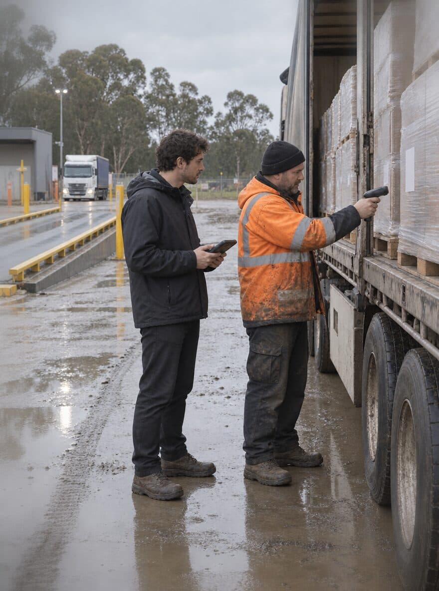 Dos hombres en un muelle de carga bajo la lluvia: uno, con campera naranja embarrada, escanea con un equipo de mano los pallets embalados de un semirremolque mientras el otro mira una tablet.