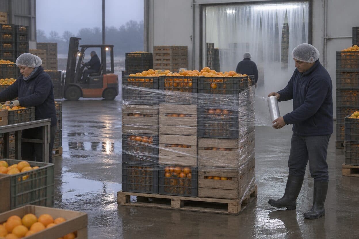 Operarios de empaque con cofia envuelven en film un pallet de cajones de naranjas, con un autoelevador y más cajones detrás.
