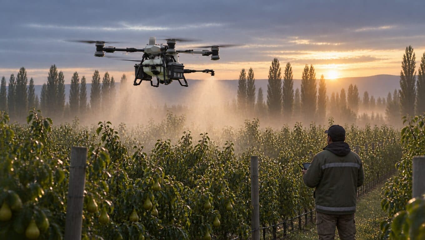 Un drone pulverizador rocía un monte de perales al atardecer mientras un productor con el control lo mira desde la fila.