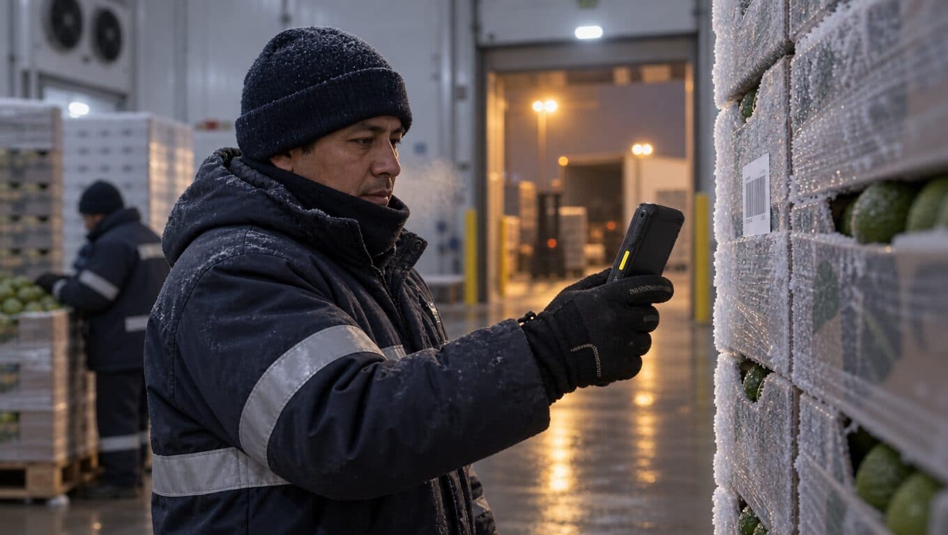 En una cámara de frío, un operario con campera escarchada y guantes escanea con un equipo de mano robusto el código de barras de una pila de cajas de fruta.
