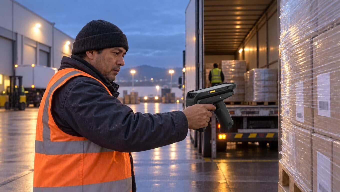 Junto a un camión al anochecer, un operario con chaleco reflectivo apunta un lector RFID tipo pistola a pallets embalados.