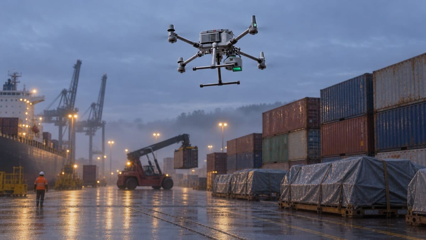 Un drone de relevamiento vuela sobre una terminal de contenedores mojada al anochecer, por encima de grúas, un buque y carga cubierta con lonas.