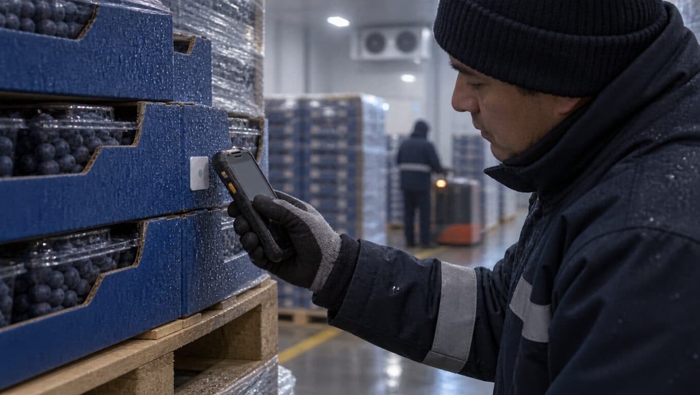 En una cámara de frío, un operario con guantes acerca un equipo de mano a un tag de temperatura en un pallet de cajas de arándanos.