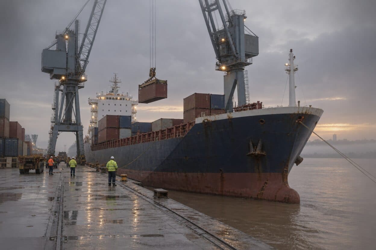 Un buque portacontenedores en un muelle mojado en una mañana gris, con una grúa que sube un contenedor a bordo mientras miran los estibadores.