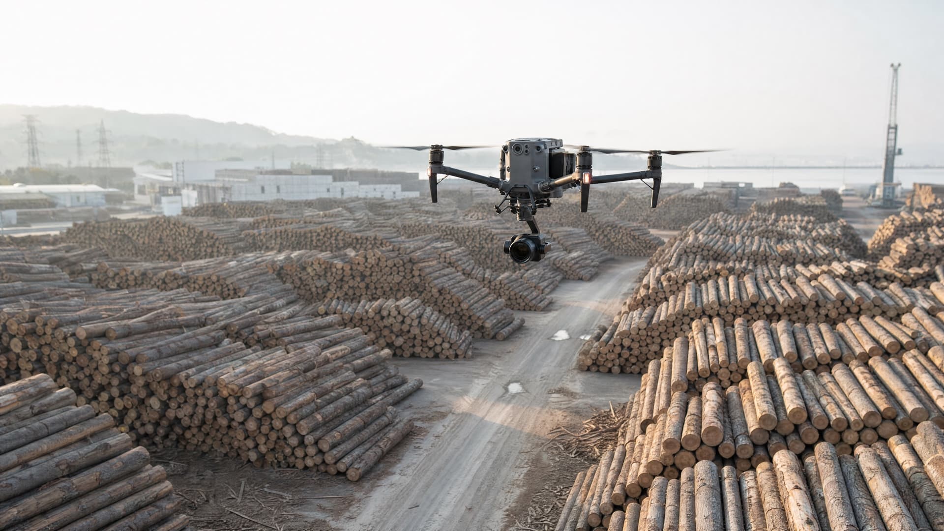 A DJI drone surveying a timber stockyard from the air