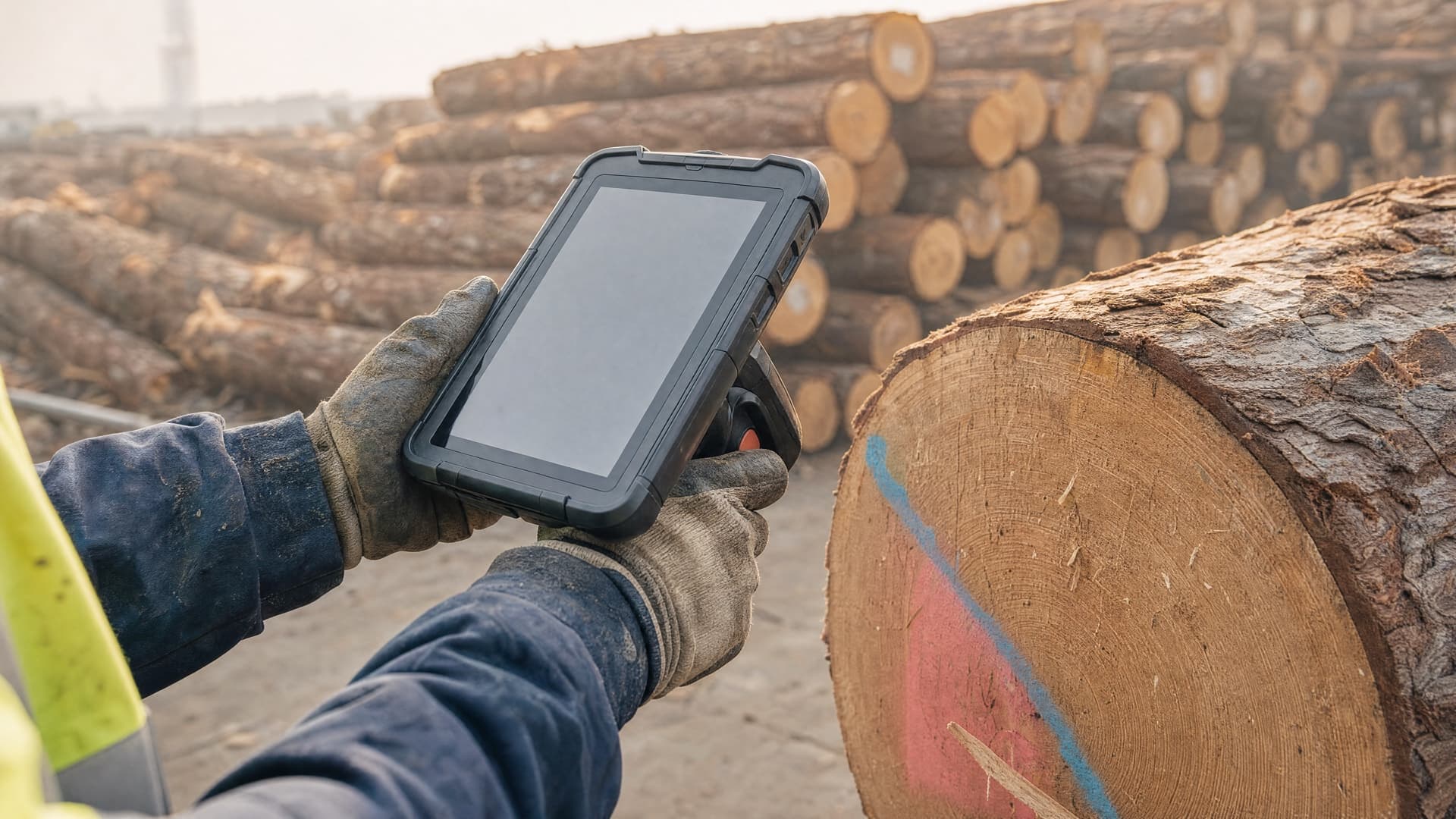 A worker scanning a stacked log's tag with a Zebra TC27 handheld